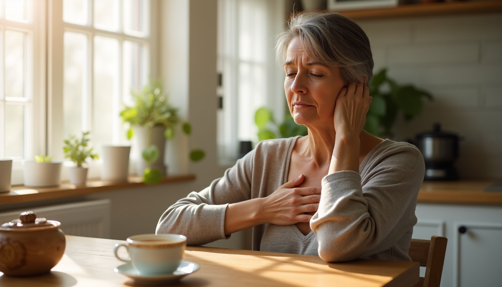 Woman in kitchen holding her neck and chest