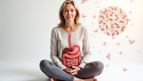 Woman with illustration of digestive system and gut biome