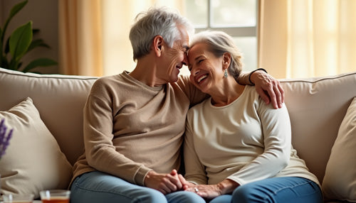 Mature couple on the couch in an embrace