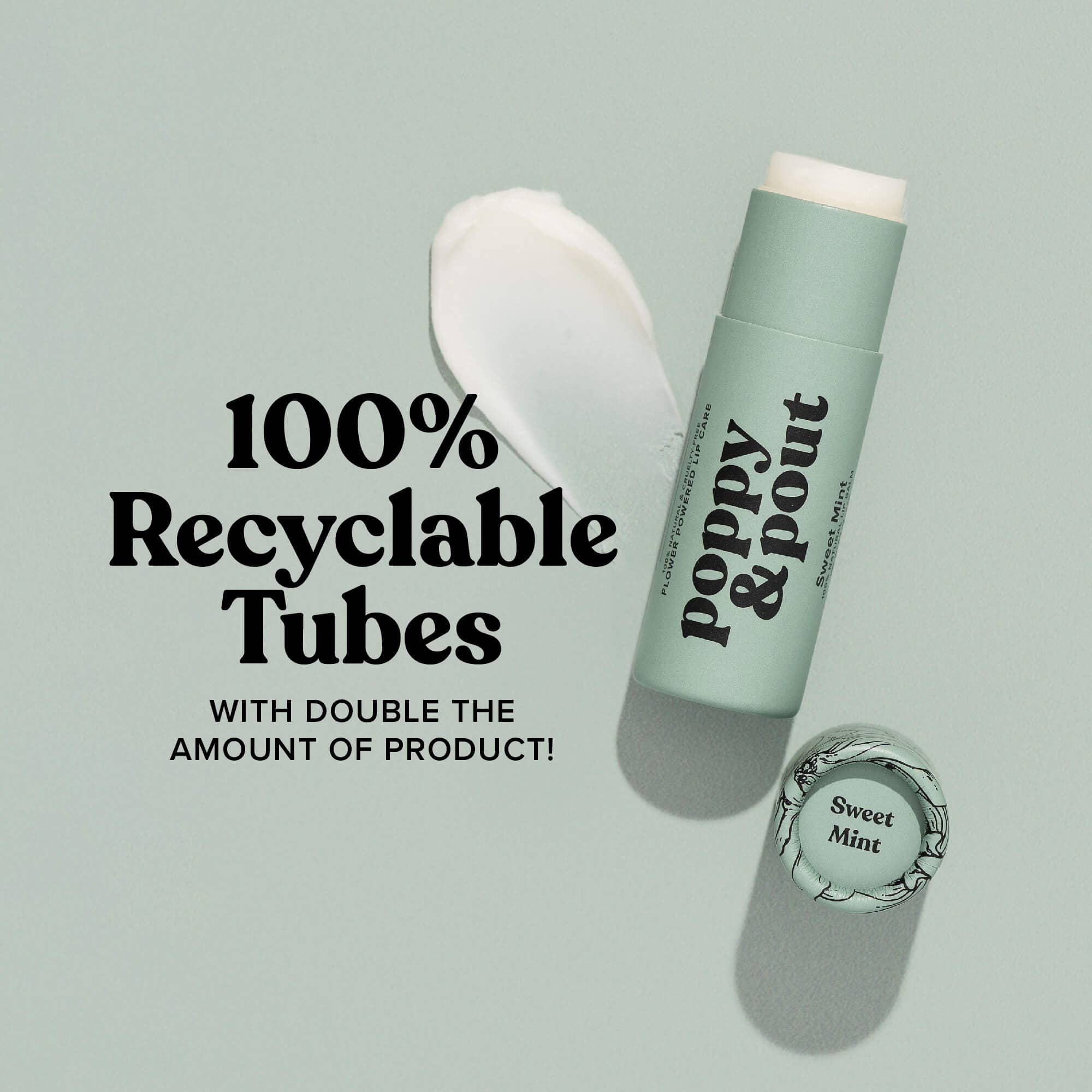 Poppy & Pout Sweet Mint Lip Balm displayed with text stating '100% RecyclablePaper Tubes.' This image highlights the brand’s dedication to eco-friendly, sustainable packaging.