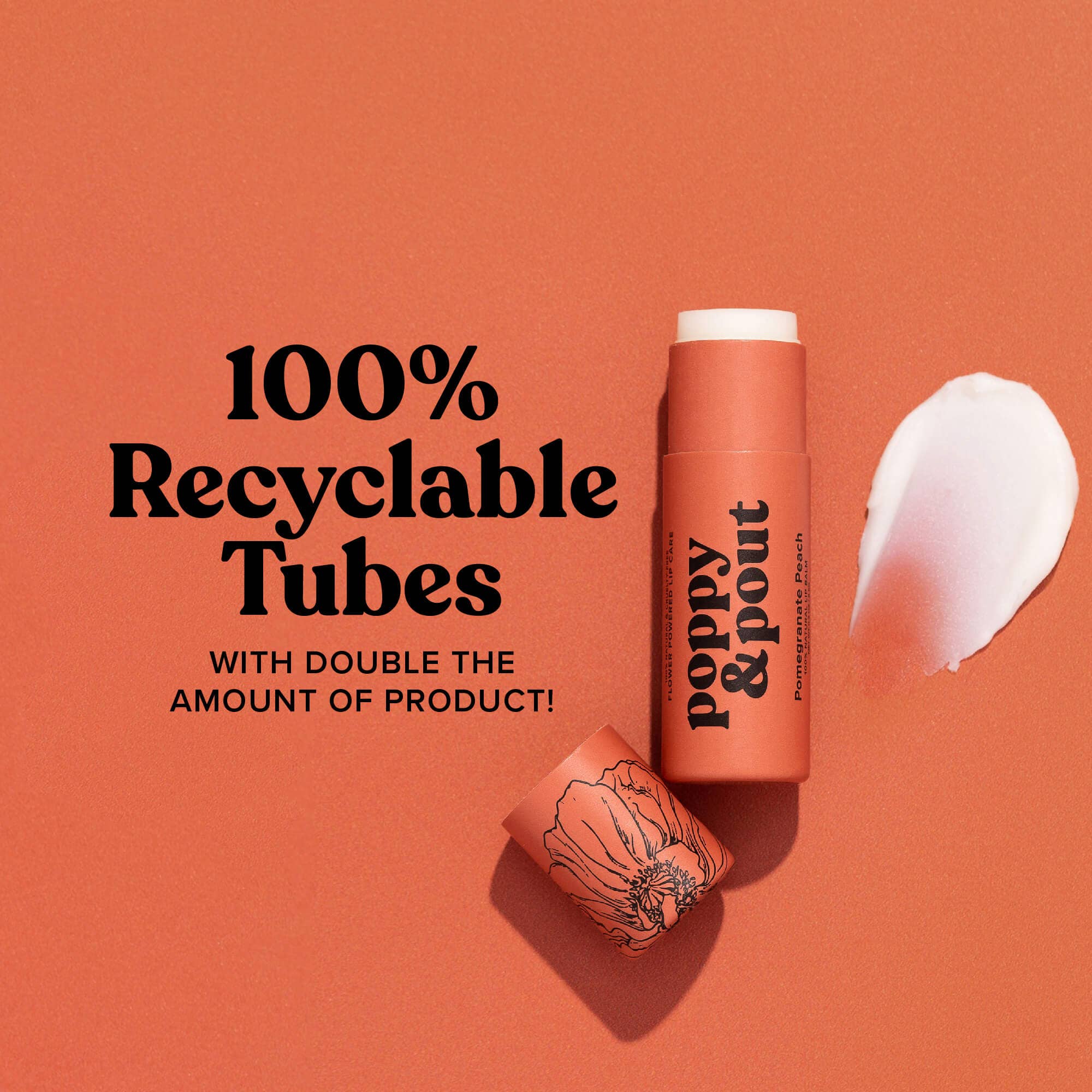 Poppy & Pout Pomegranate Peach Lip Balm with text on packaging stating '100% Recycled Paper Tubes.' The image emphasizes the brand’s commitment to sustainable packaging and eco-friendly materials.