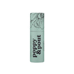 Tube of Poppy & Pout Sweet Mint Lip Balm on a white background. The eco-friendly cardboard tube features a mint green color and black text, offering a refreshing, hydrating balm made from natural ingredients with a minty scent.