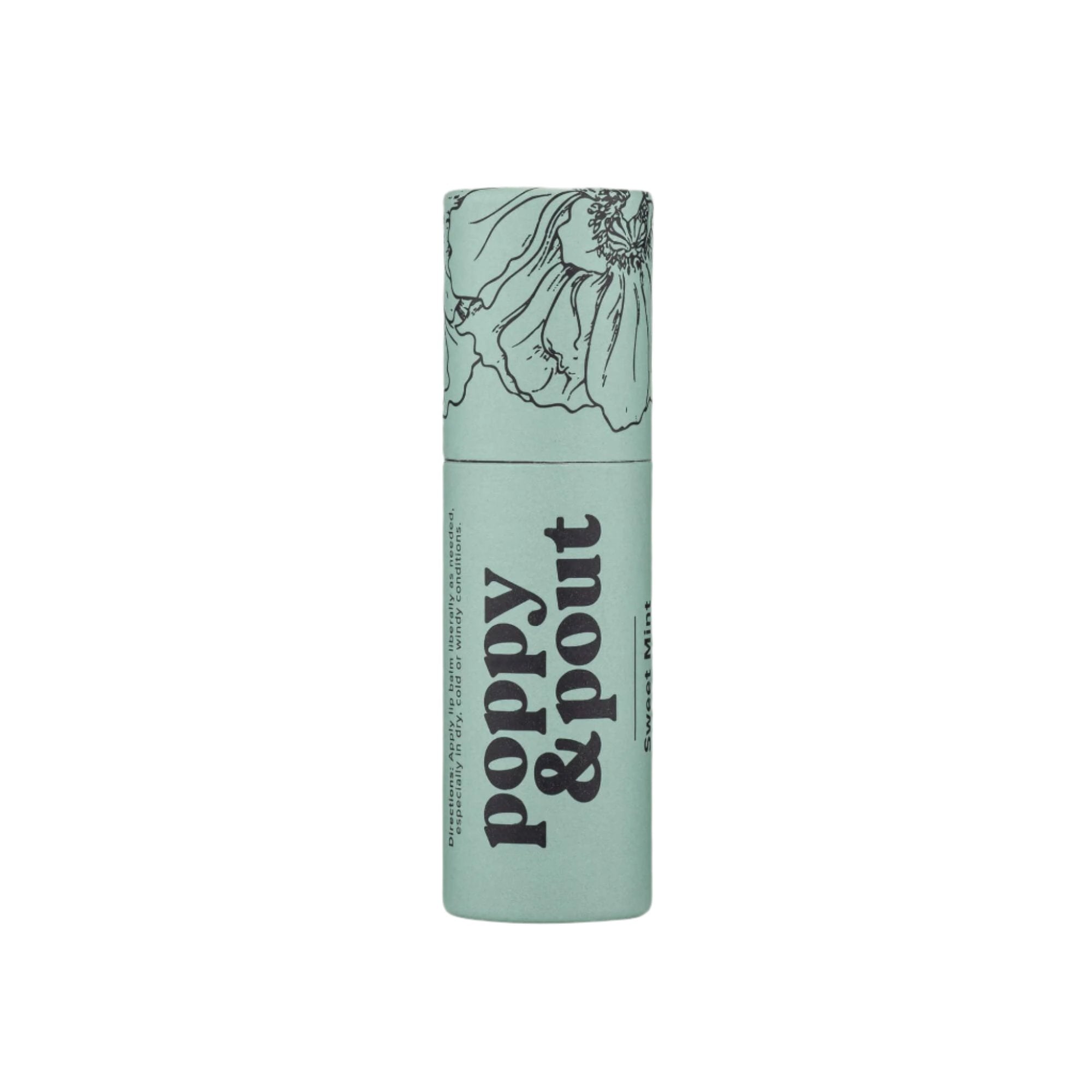 Tube of Poppy & Pout Sweet Mint Lip Balm on a white background. The eco-friendly cardboard tube features a mint green color and black text, offering a refreshing, hydrating balm made from natural ingredients with a minty scent.