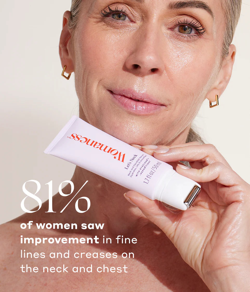 Woman applying Womaness Let’s Neck neck and décolleté serum to her neck area. The image focuses on the application process, showing the product in use to target the neck and chest area for smoother, firmer skin.