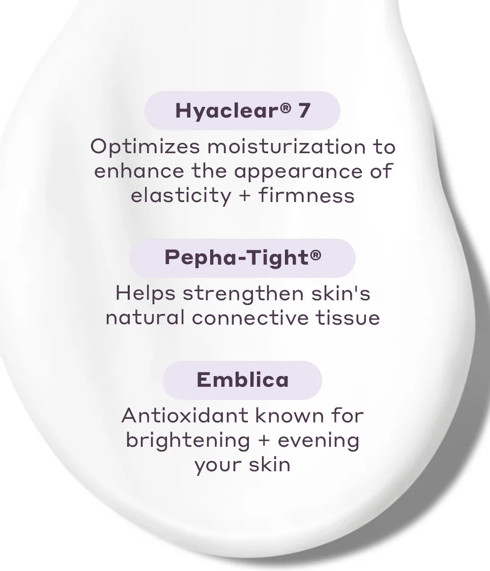 Close-up image of the Womaness Let’s Neck neck and décolleté serum’s creamy texture on a white surface, showcasing the smooth and rich consistency of the product designed for neck and décolleté skin care.