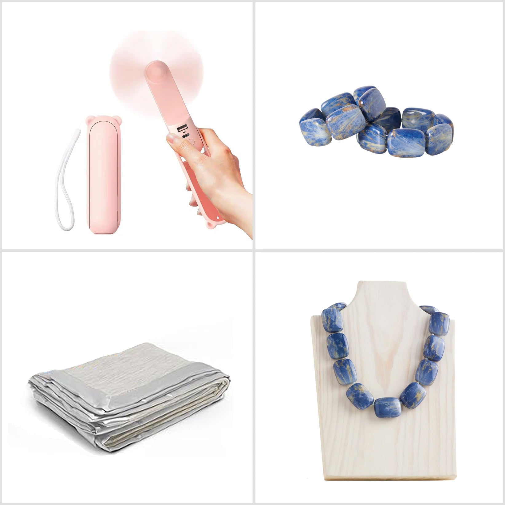 Imagery of cooling blanket, cooling jewelry and a personal handheld fan