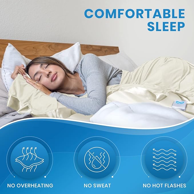image of woman in bed with cooling blanket for night sweats relief. icons show benefits of no overheating, no sweat and no hot flashes