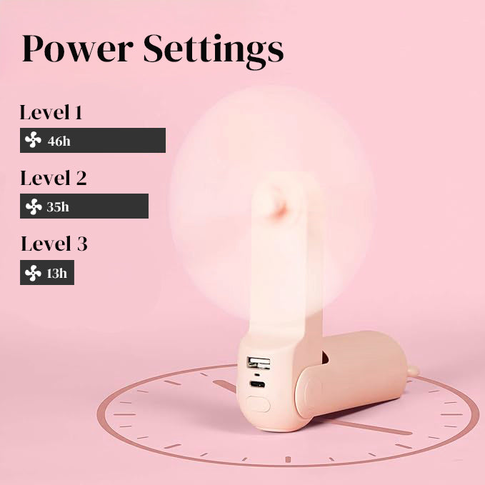 Close-up of the personal mini fan displaying the control buttons for three adjustable power settings.