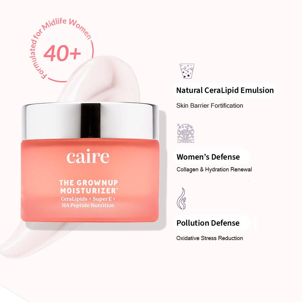 Caire Beauty The Grown Up Moisturizer jar with text indicating 'Formulated for Midlife Women 40+.' Highlights include 'Natural CeraLipid Emulsion' for skin barrier fortification, 'Women’s Defense' for collagen and hydration renewal, and 'Pollution Defense' for oxidative stress reduction. The image emphasizes the product’s benefits for mature skin, providing protection and hydration.