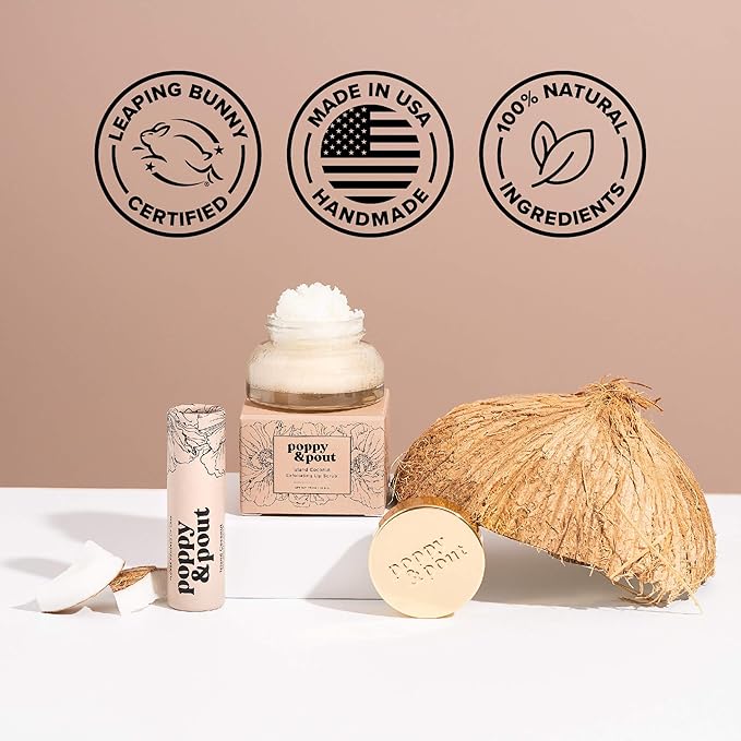 Poppy & Pout Island Coconut Lip Balm in eco-friendly cardboard tube packaging on a plain background. The tube has a tropical floral design with black text, featuring the natural, coconut-scented balm made with hydrating, all-natural ingredients for soft, moisturized lips.