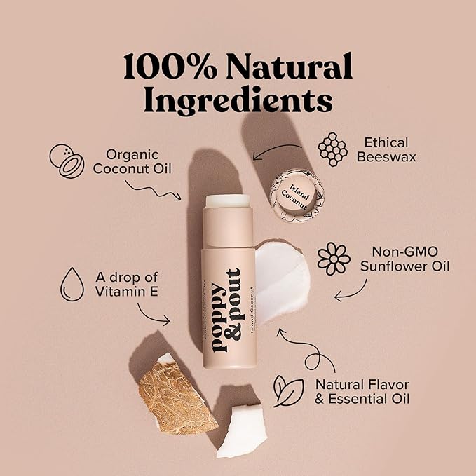 Eco-friendly cardboard tube of Poppy & Pout Island Coconut Lip Balm with text on the packaging reading '100% Natural Ingredients, Handmade in the USA.' The tube features a tropical floral design, showcasing a natural, coconut-scented lip balm for hydration.