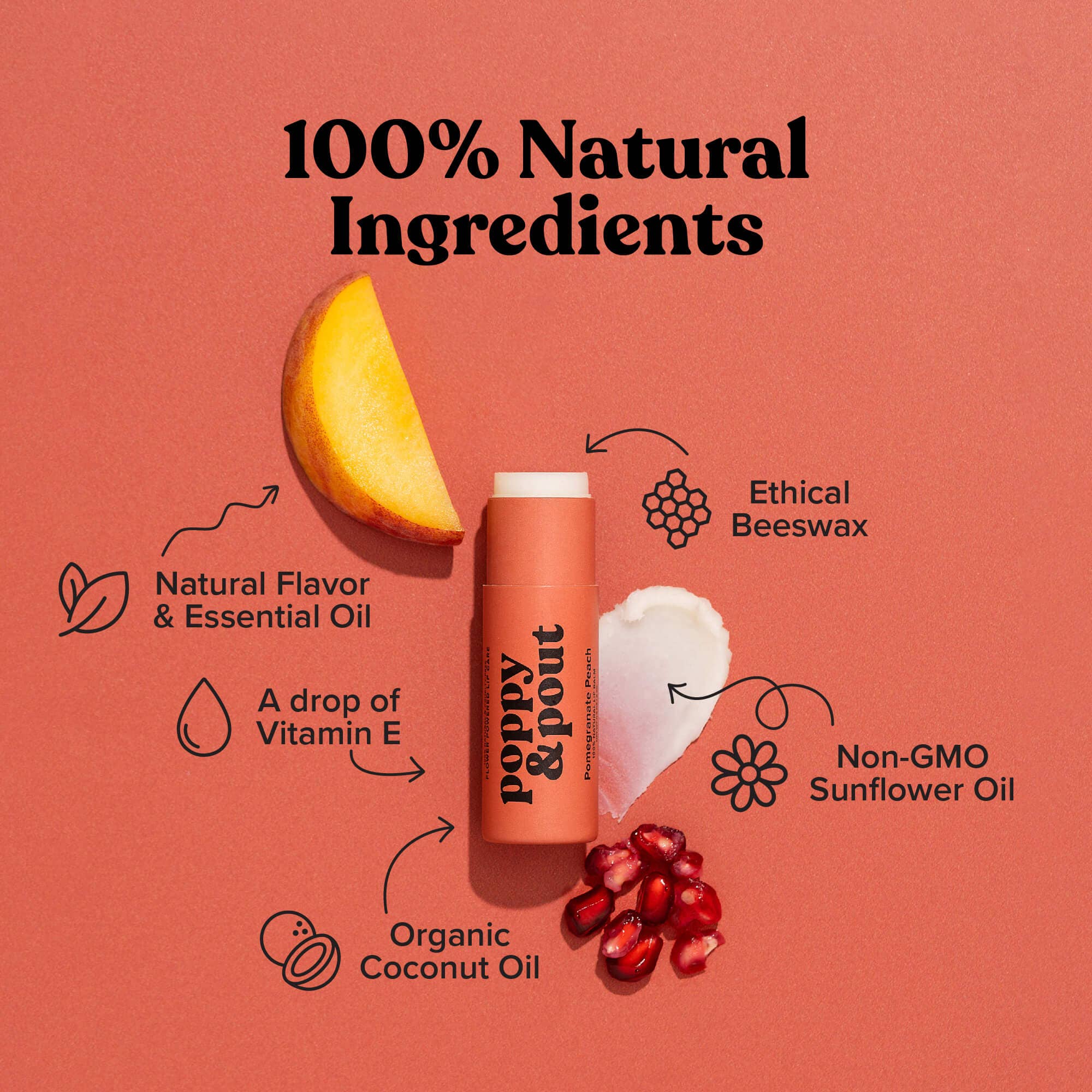 Detailed information image for Poppy & Pout Pomegranate Peach Lip Balm. Text reads: 'Poppy & Pout 100% Natural Ingredients. Handmade in the USA. Eco-Friendly Tubes. Our lip balms are made from 100% natural ingredients and hand-poured in small batches into eco-friendly paper tubes! We believe in creating beautiful, natural lip products with the simplest ingredients, so you can feel good about every swipe!' The background shows the eco-friendly, floral-designed lip balm tube.