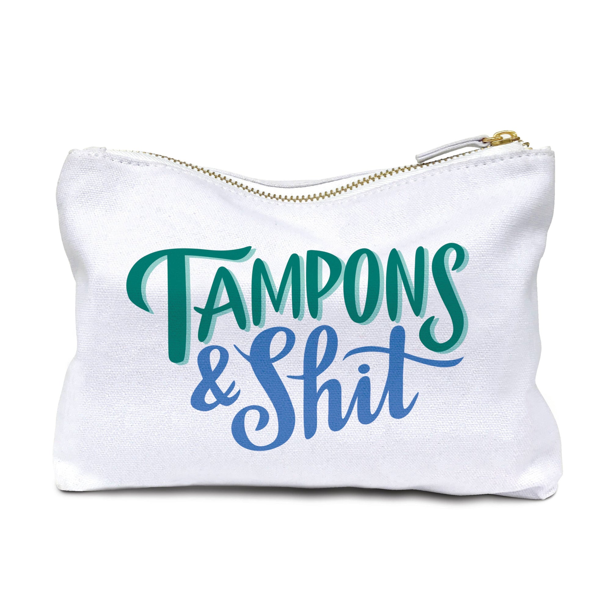 Em & Friends zippered pouch with the words 'The tampons are for me, mind your own uterus' printed in bold black font on a white background. The pouch has a pink zipper and small black polka dots covering the fabric. The pouch is designed to hold personal items like tampons or other small accessories.