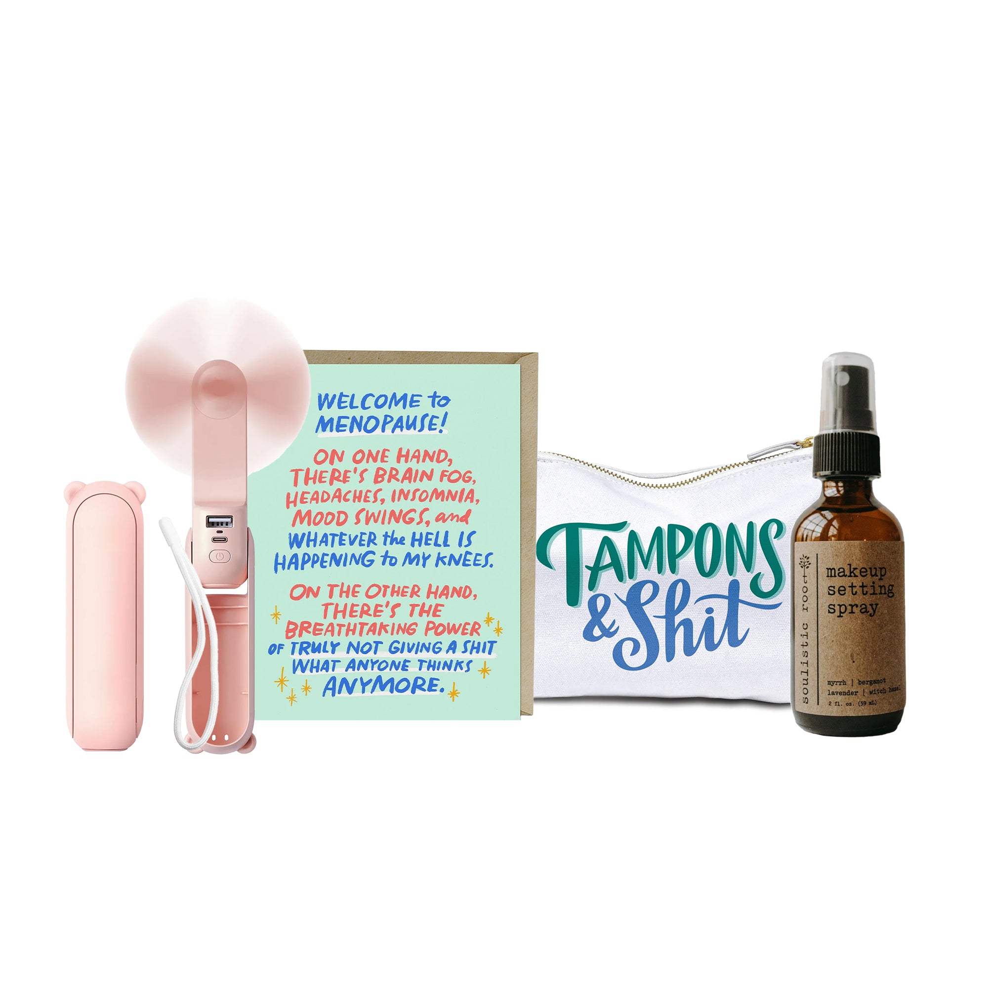 collage of handheld personal fan, pouch, makeup setting spray and a Welcome to Menopause Card