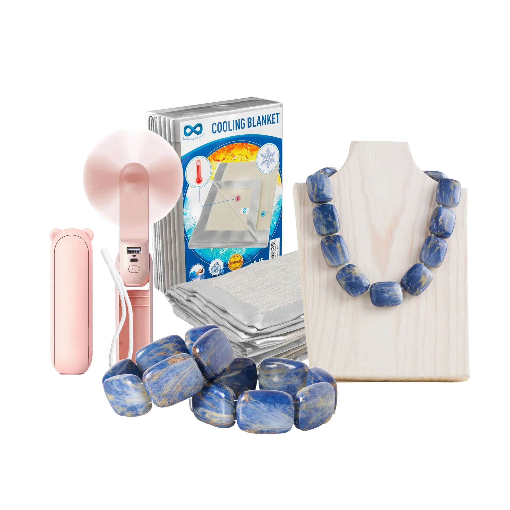 Imagery of cooling blanket, cooling jewelry and a personal handheld fan