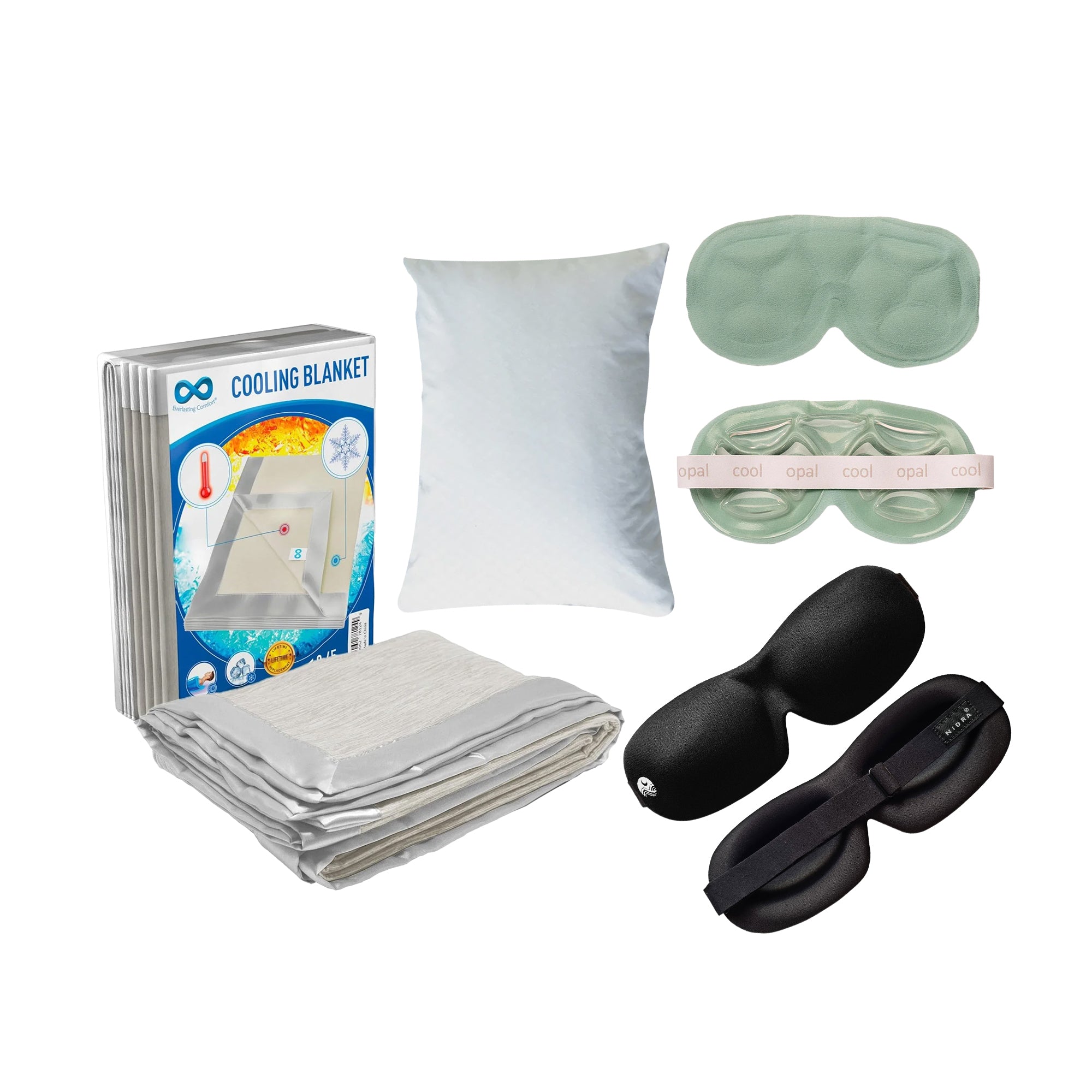 collage of eye masks, cooling blankets and pillowcases