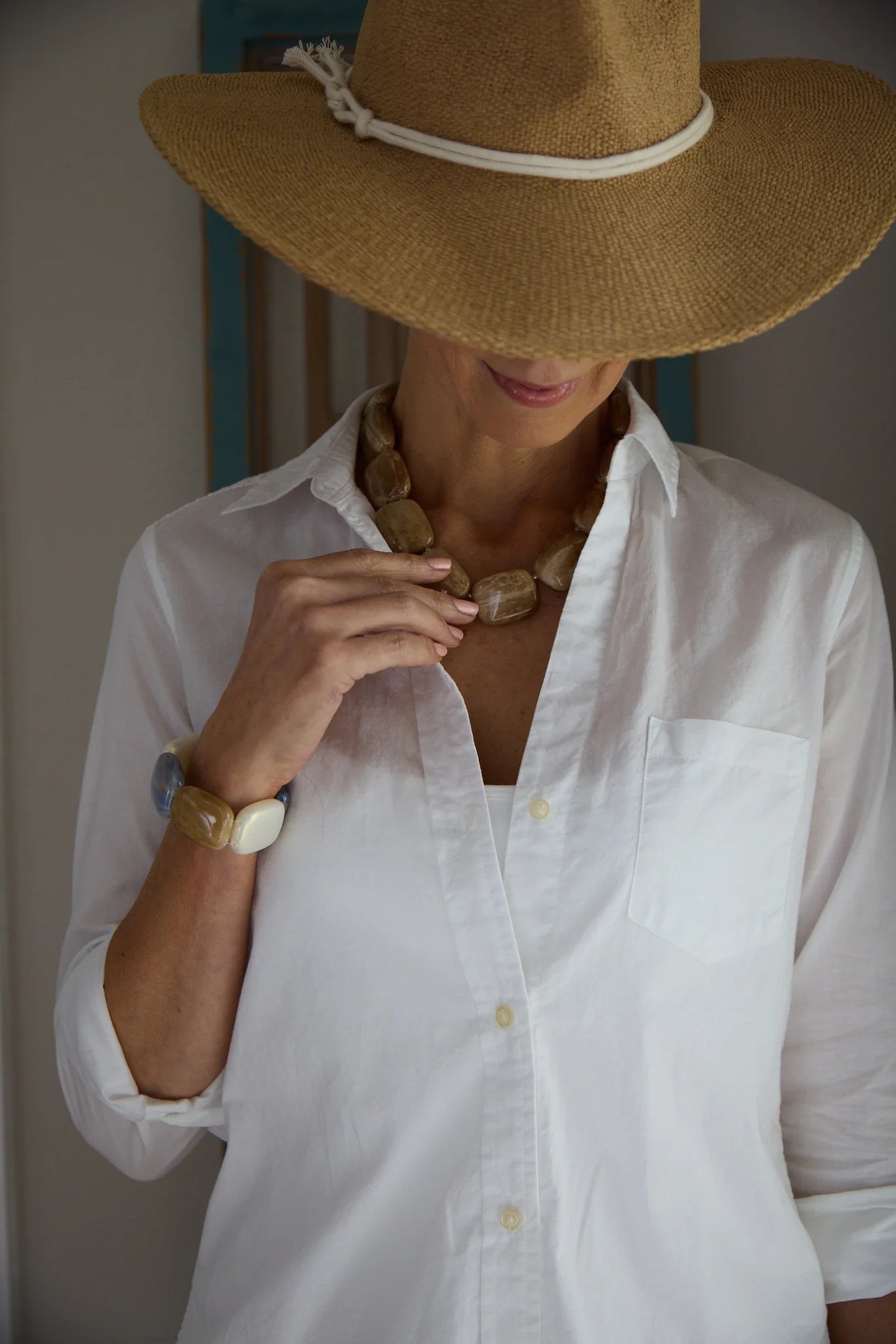 Chicklet Cooling Necklace in a lifestyle setting, demonstrating its discreet and fashionable design for managing hot flashes and night sweats.