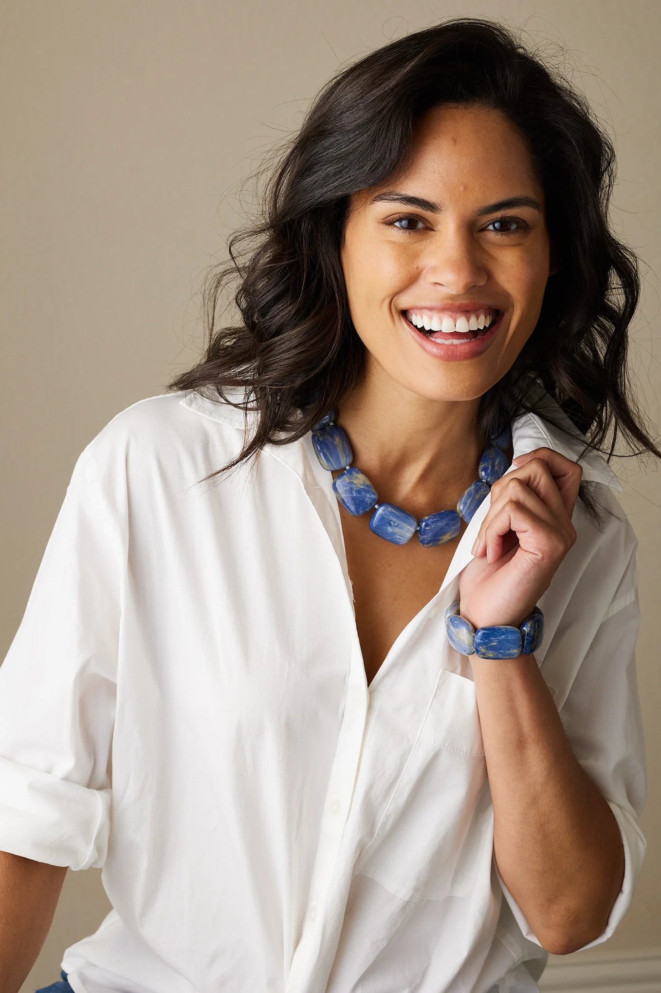 Model wearing the Chicklet Cooling Necklace, showcasing its stylish design and effectiveness in providing relief from hot flashes and night sweats.