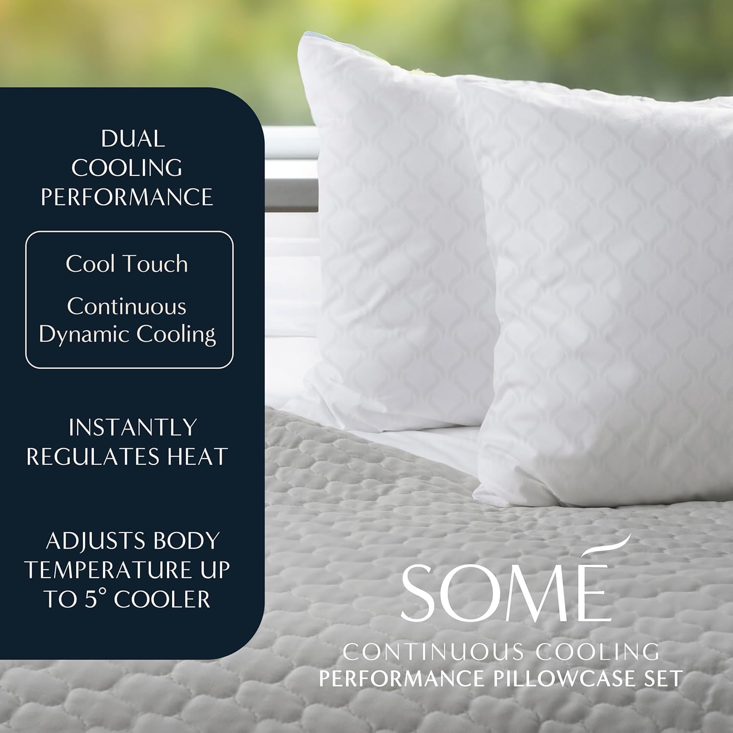 Cooling pillowcase with printed benefits: 'Moisture-Wicking Fabric,' 'Breathable and Soft,' 'Temperature Regulating for Hot Flashes and Night Sweats,' and 'Keeps You Cool All Night.' Designed for menopause relief and comfort with advanced cooling technology.