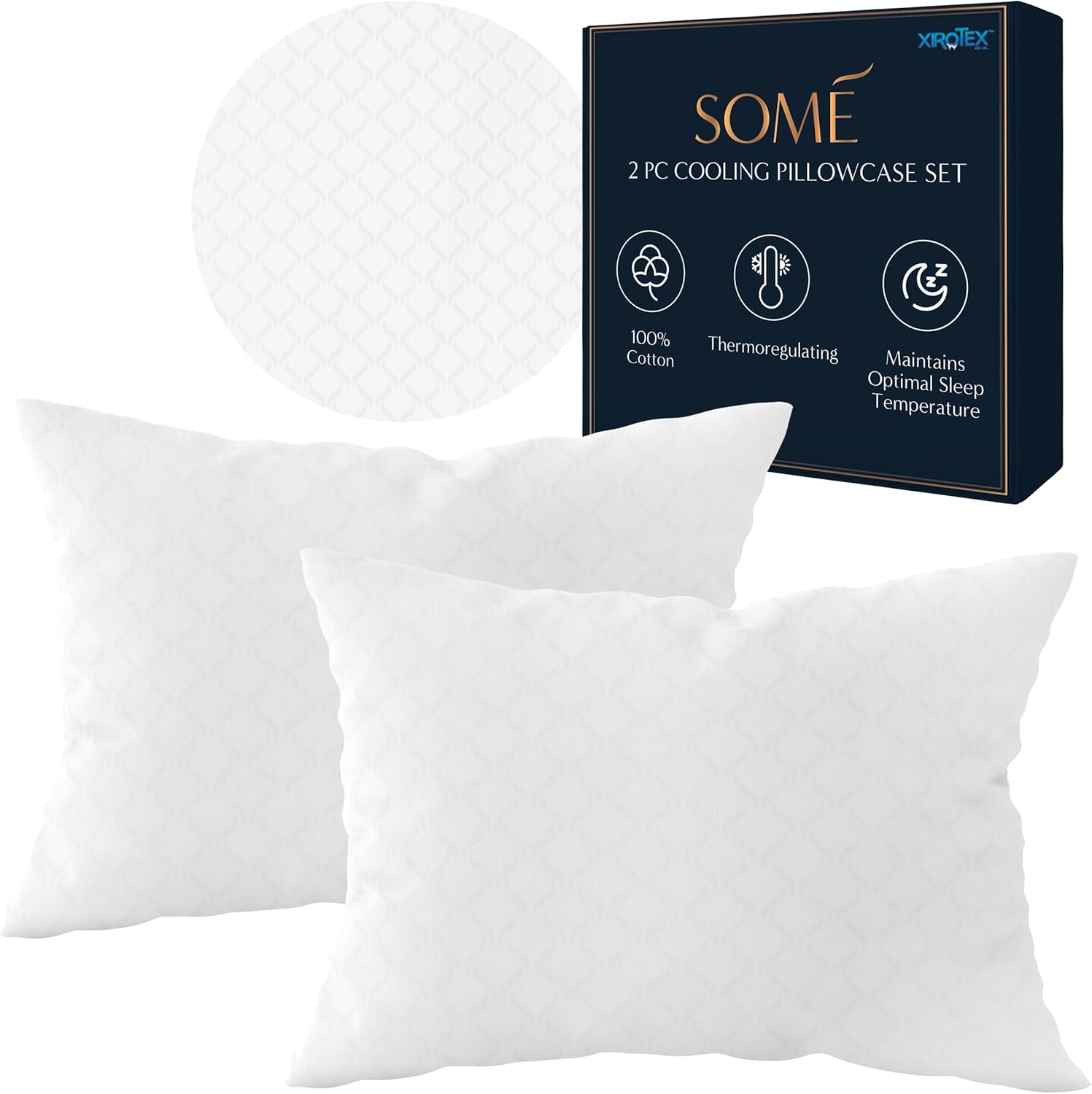 Two Cooling pillowcases in white, designed to help women manage hot flashes and night sweats by regulating temperature for a more comfortable night's sleep during menopause. Also shows the box and an inset of the fabric.