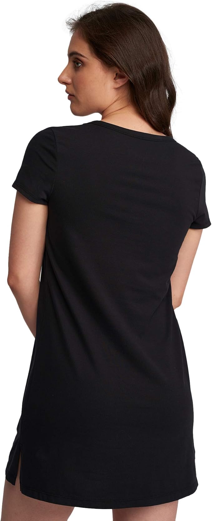 Eva Sleepshirt by Lusomé in black, back view on a white background. The image showcases the nightgown's simple silhouette and subtle side slit, offering both comfort and style for women seeking hot flash relief during perimenopause and menopause.