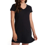 Eva Sleepshirt by Lusomé in black, front view on a white background. This short-sleeve V-neck nightgown features a mid-thigh length and A-line fit, designed to provide relief from hot flashes and night sweats for women experiencing perimenopause and menopause symptoms.