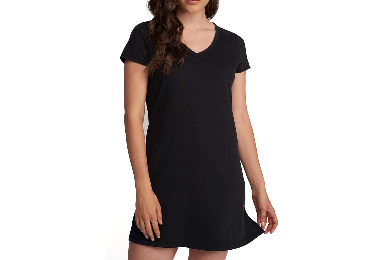 Eva Sleepshirt by Lusomé in black, front view on a white background. This short-sleeve V-neck nightgown features a mid-thigh length and A-line fit, designed to provide relief from hot flashes and night sweats for women experiencing perimenopause and menopause symptoms.