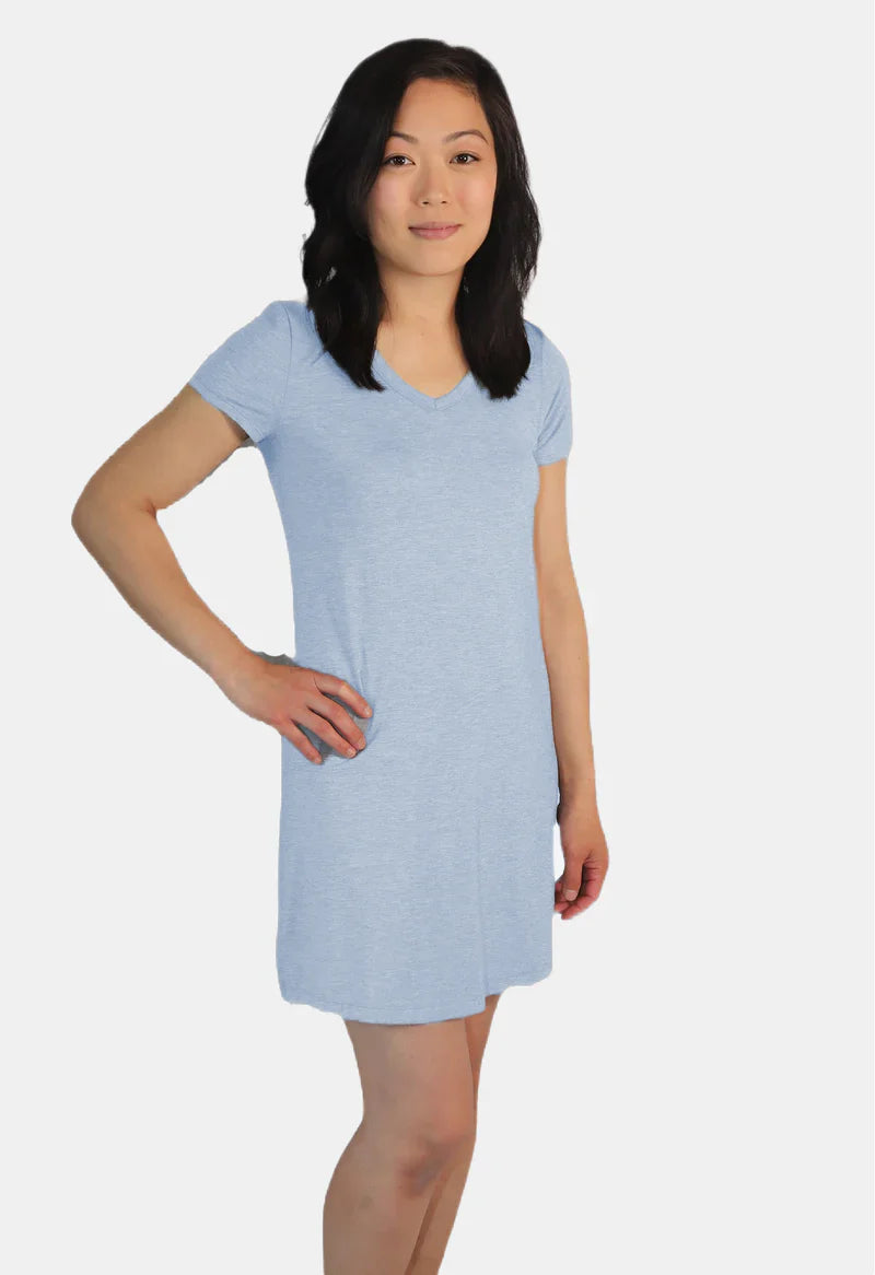 Front view of the Eva Sleepshirt by Lusomé in denim mix color. The image highlights the breathable Xirotex™ fabric and A-line silhouette, designed to provide stylish comfort and cooling relief from hot flashes and night sweats.