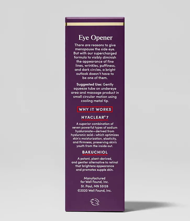 Back of Packaging of Eye Opener Smoothing and Brightening Cream by Womaness