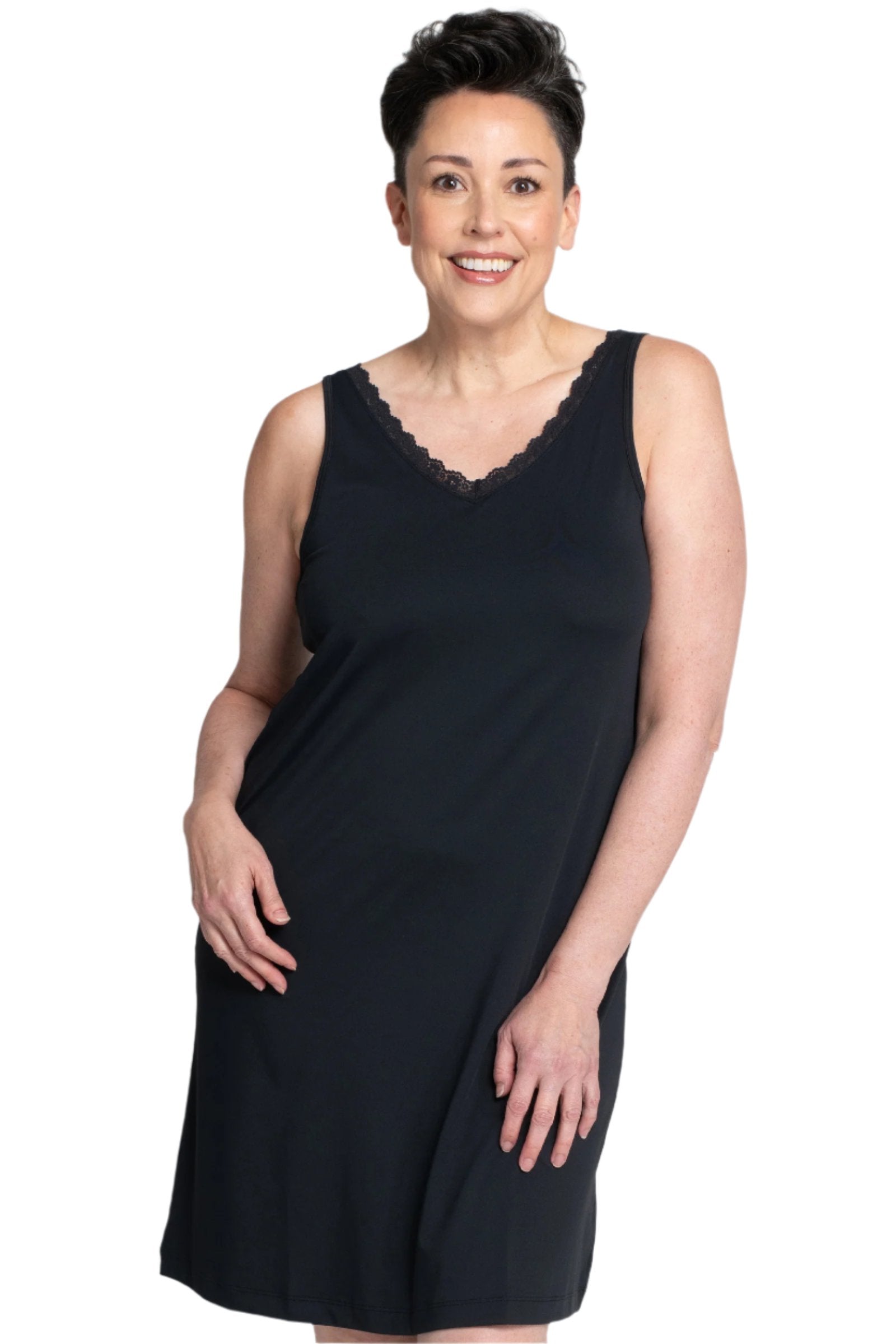 Lace Trim Anti-Flush Nightie in black color, front view on a white background. This elegant nightie is designed to provide relief from hot flashes, featuring moisture-wicking fabric and delicate lace detailing suitable for women experiencing perimenopause and menopause symptoms.