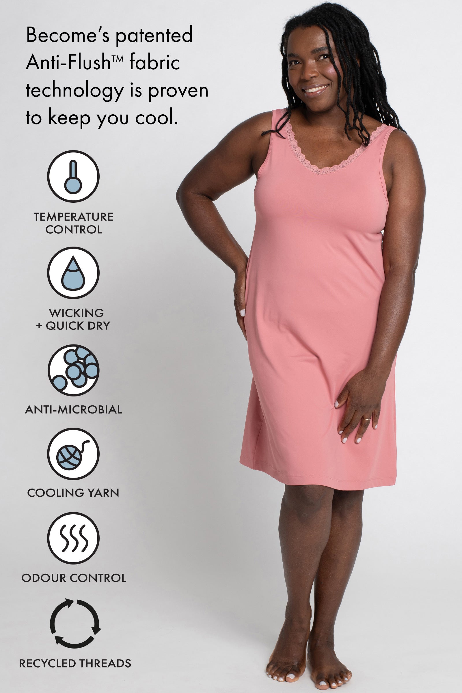 Graphic highlighting the features of the Lace Trim Anti-Flush Nightie in rose color with text reading: absorbs heat and moisture, releases it as you cool down, technology proven to reduce skin temperature by 1°C, keeps you cool, dry, and comfortable all night. This image emphasizes the nightie's innovative cooling technology for relief from hot flashes and night sweats.