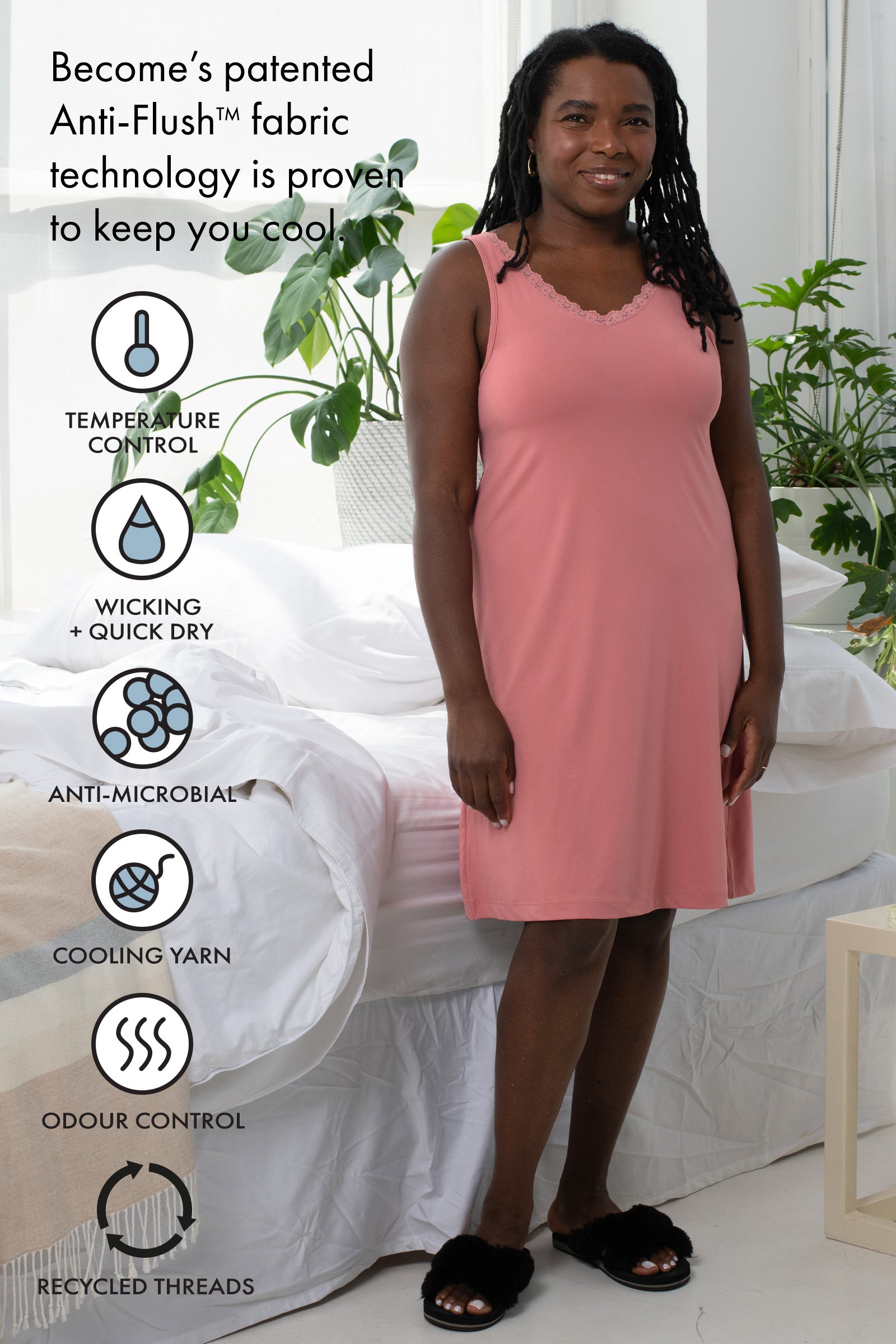 Front view of a woman wearing the Lace Trim Anti-Flush Nightie in black. The image showcases the elegant lace detailing and breathable fabric, designed to provide stylish comfort and cooling relief from hot flashes and night sweats.