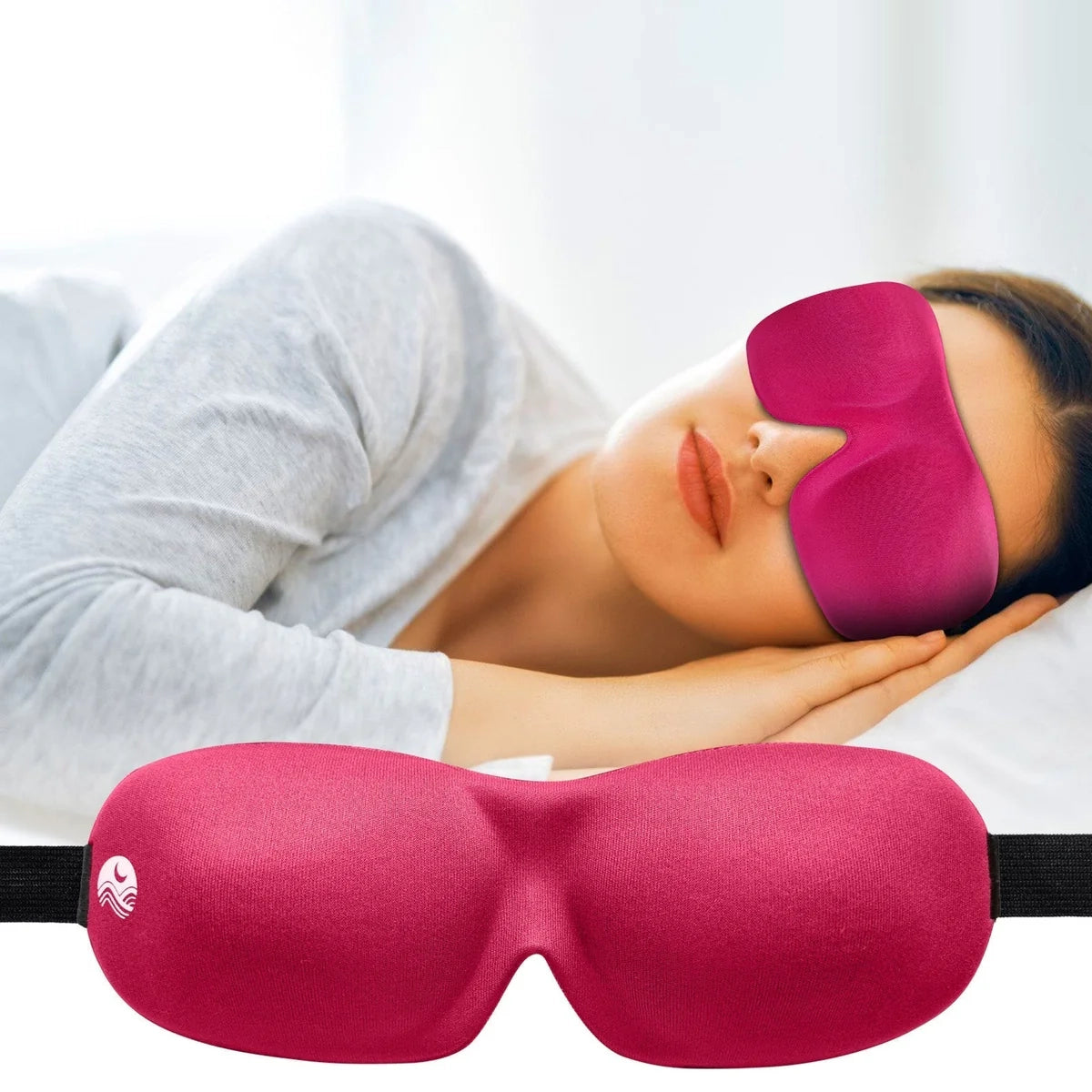 Woman sleeping in bed with a pink Nidra mask and inset of mask