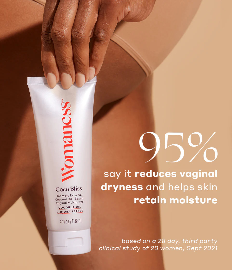 woman holding cocobliss by womaness. over the image reads 95% say it reduces dryness and helps skin retain moisture based on a 28 day, third party clinical study of 20 women, Sept 2021