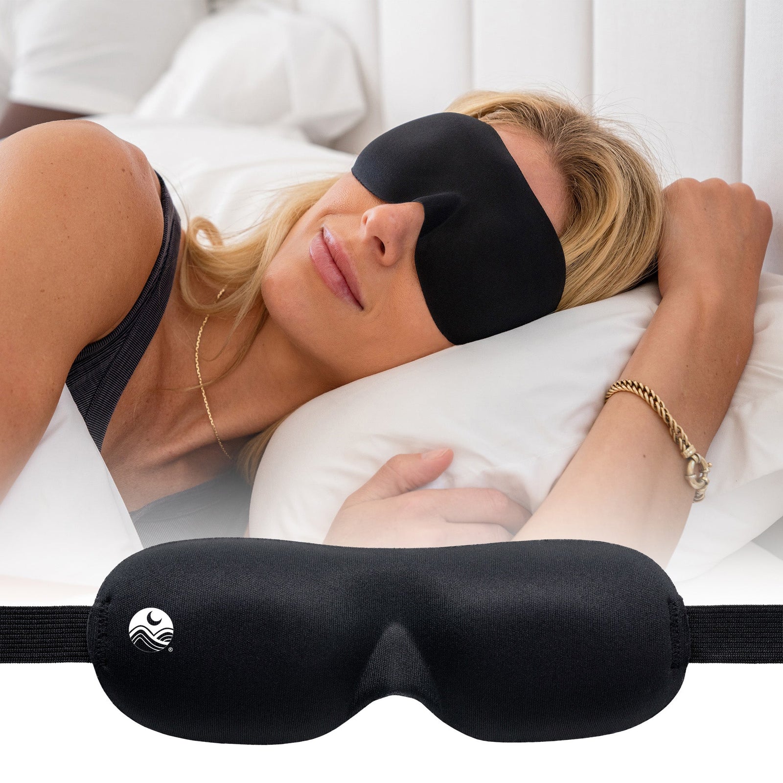 Woman in bed wearing a pink Nidra mask while sleeping